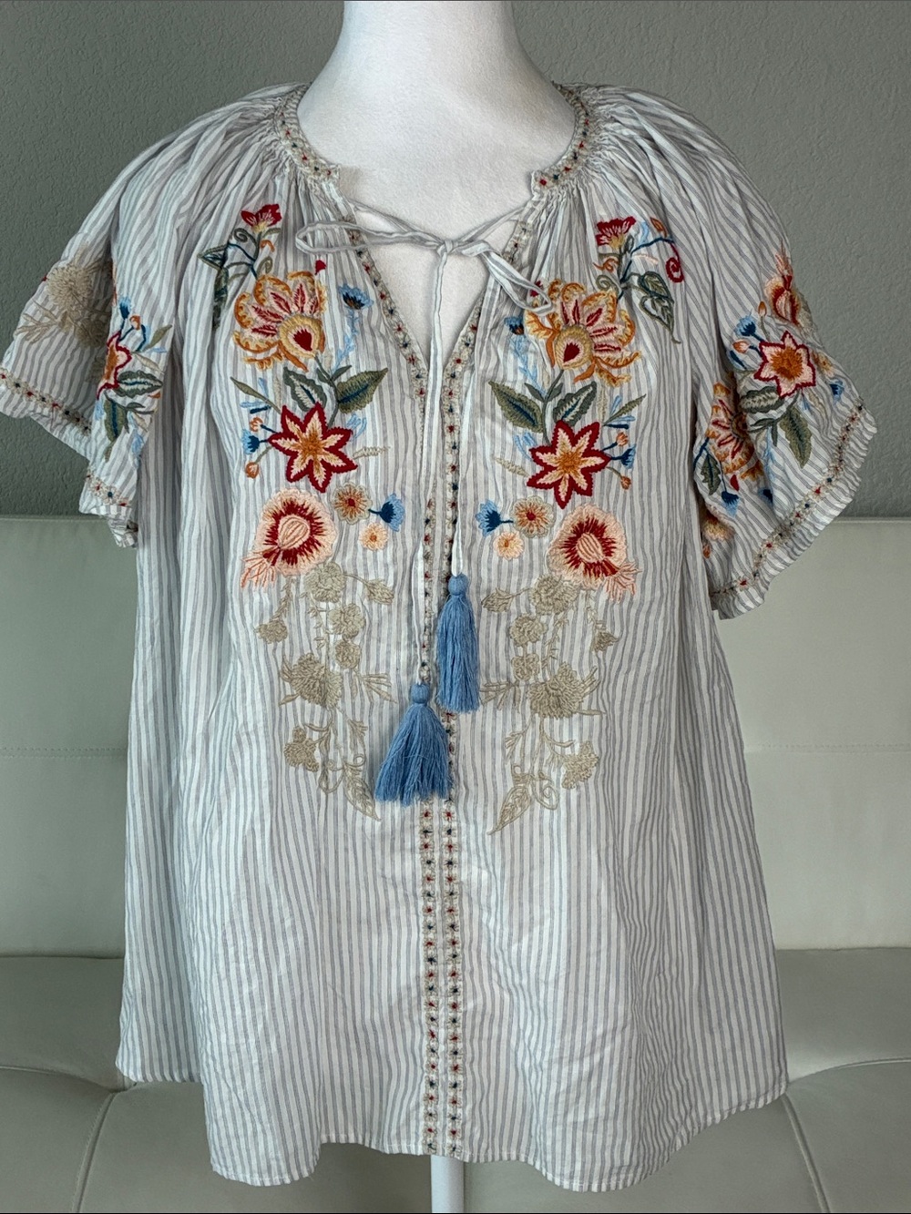 Kyla Seo Striped Embroidered Peasant Oversized Blouse with Blue Tassels - Small